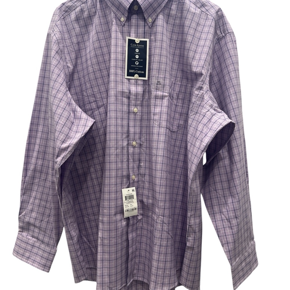 Club Room Dress Shirt 18.5 Lavender Plaid Button Down Cotton NWT